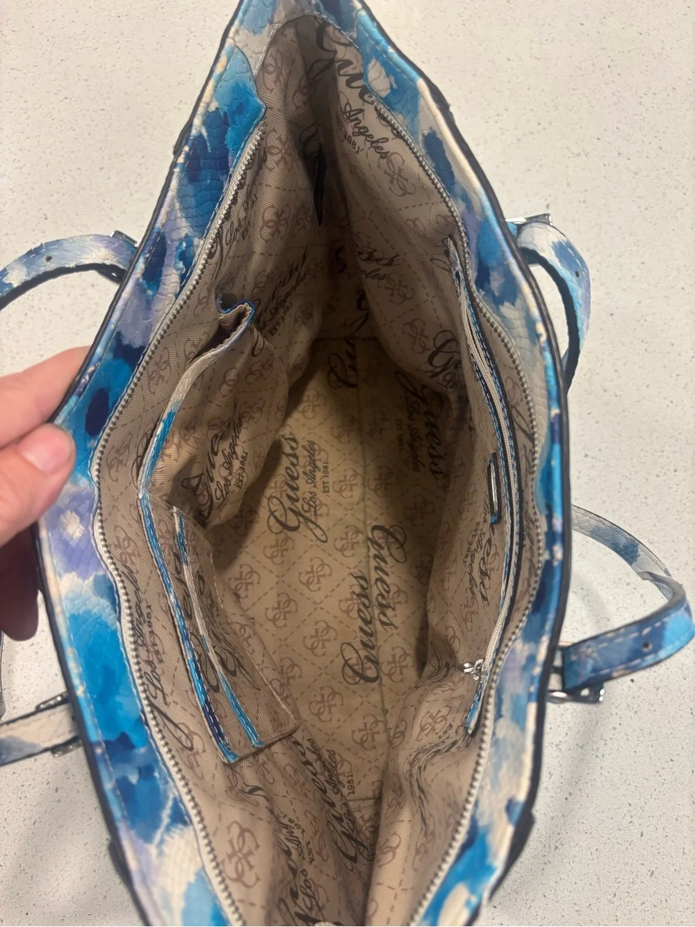 GUESS Blue & White Floral-Print Snakeskin-Textured Tote with Silver Charm